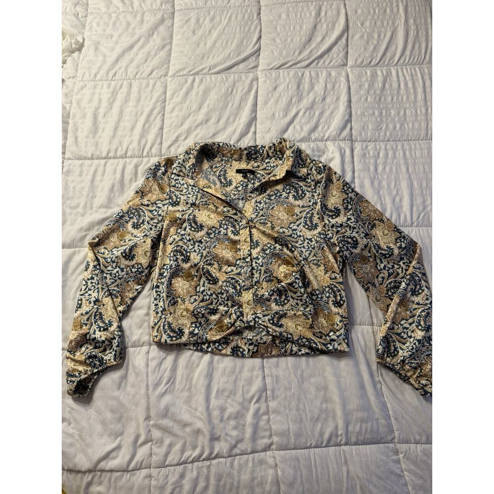 Drew Floral Print Button Down Long Sleeve Blouse Cropped Spring Girly Medium